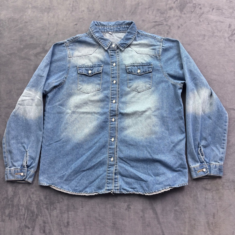 Womens Long Sleeve Light Wash Denim Western Snap Button Down Shirt Size XL